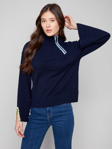 CHARLIE B C2889 MOCK NECK SWEATER WITH ZIPPER AND CROCHET DETAIL