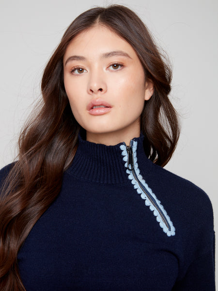 CHARLIE B C2889 MOCK NECK SWEATER WITH ZIPPER AND CROCHET DETAIL