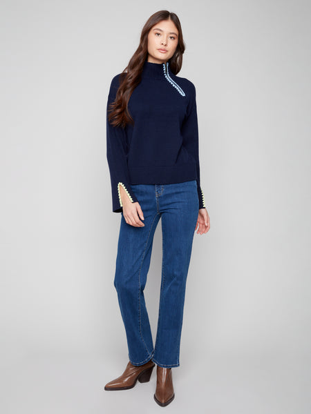 CHARLIE B C2889 MOCK NECK SWEATER WITH ZIPPER AND CROCHET DETAIL