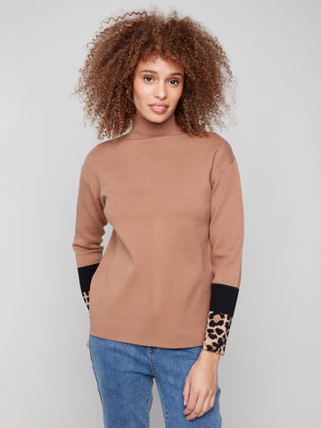 CHARLIE B C2895 FUNNEL SWEATER WITH COLOUR BLOCK DETAIL AT SLEEVES