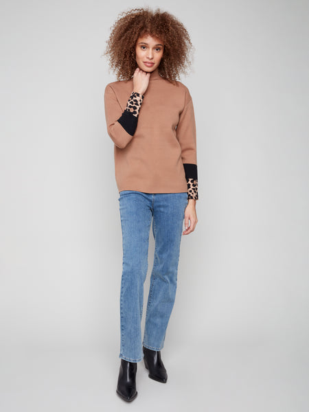 CHARLIE B C2895 FUNNEL SWEATER WITH COLOUR BLOCK DETAIL AT SLEEVES