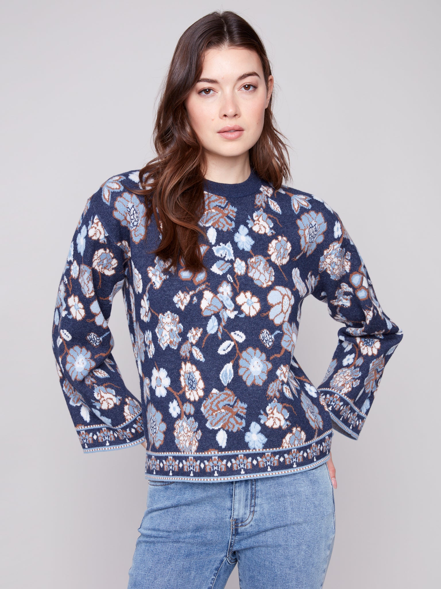 CHARLIE B C2905 CREW NECK JACQUARD SWEATER