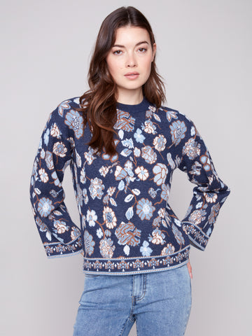 CHARLIE B C2905 CREW NECK JACQUARD SWEATER