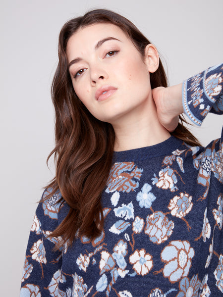 CHARLIE B C2905 CREW NECK JACQUARD SWEATER