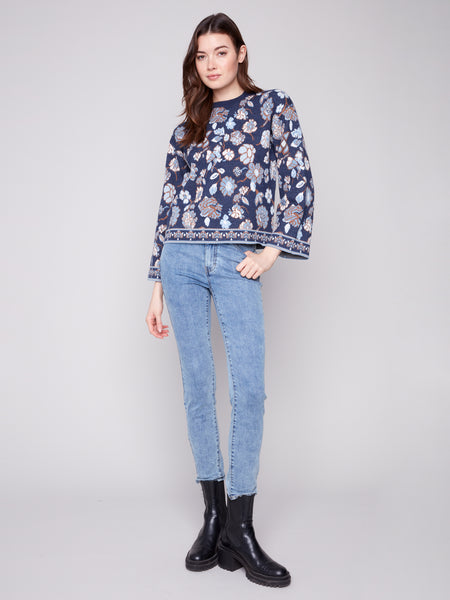 CHARLIE B C2905 CREW NECK JACQUARD SWEATER
