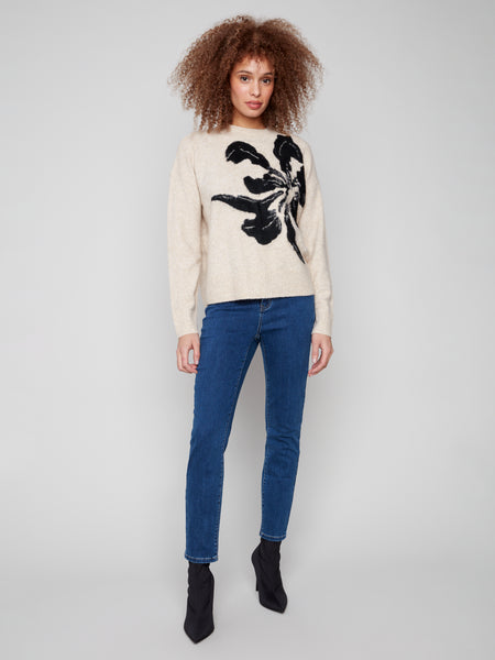 CHARLIE B C2906Q PLACED JACQUARD CREW NECK SWEATER