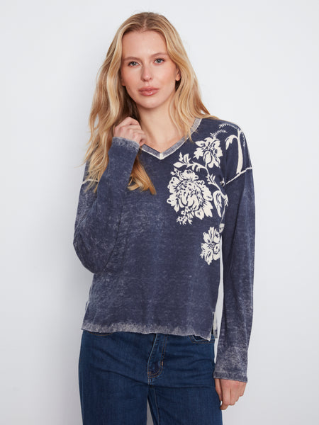 CHARLIE B C2907P REVERSIBLE SWEATER FLOWERS