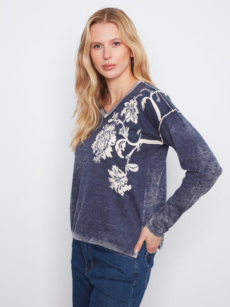 CHARLIE B C2907P REVERSIBLE SWEATER FLOWERS