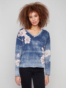 CHARLIE B C2907 REVERSE PRINT W/ FLORAL PLACEMENT PRINT V-NECK SWEATER