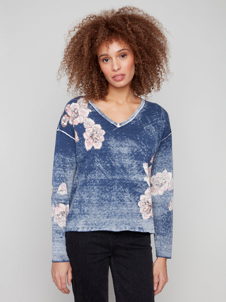 CHARLIE B C2907 REVERSE PRINT W/ FLORAL PLACEMENT PRINT V-NECK SWEATER