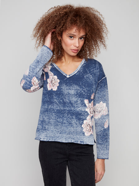 CHARLIE B C2907 REVERSE PRINT W/ FLORAL PLACEMENT PRINT V-NECK SWEATER