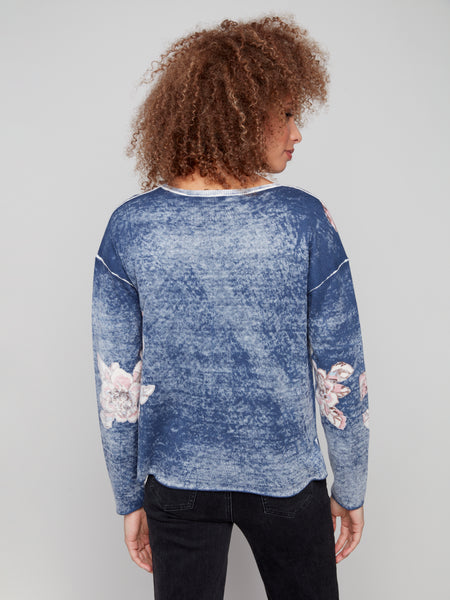 CHARLIE B C2907 REVERSE PRINT W/ FLORAL PLACEMENT PRINT V-NECK SWEATER