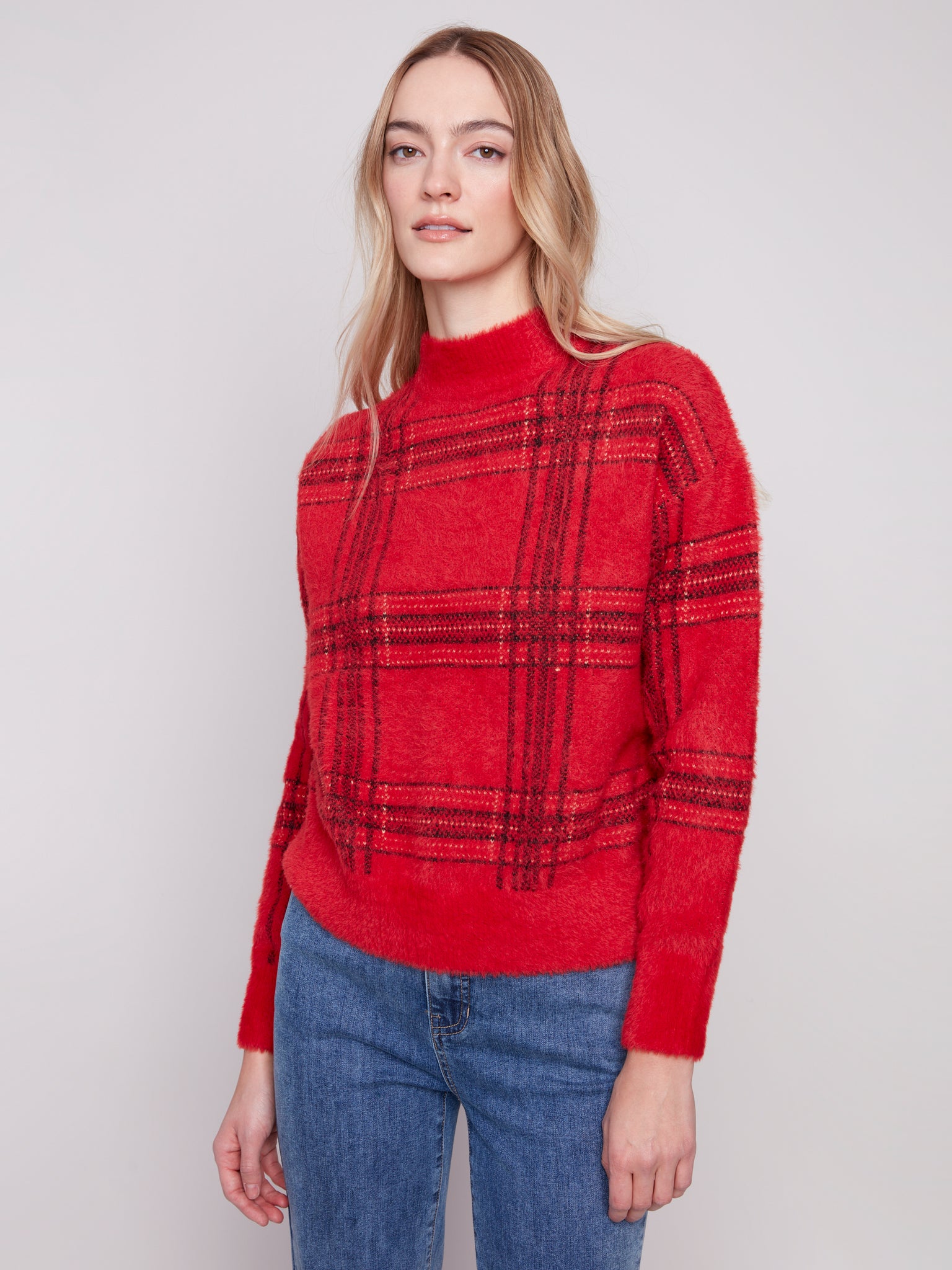 CHARLIE B C2910Q EYELASH PLAID MOCK NECK SWEATER