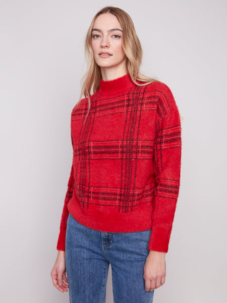 CHARLIE B C2910Q EYELASH PLAID MOCK NECK SWEATER