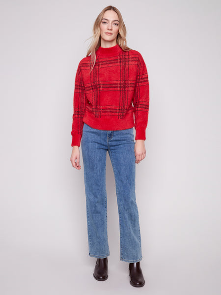 CHARLIE B C2910Q EYELASH PLAID MOCK NECK SWEATER