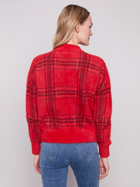 CHARLIE B C2910Q EYELASH PLAID MOCK NECK SWEATER