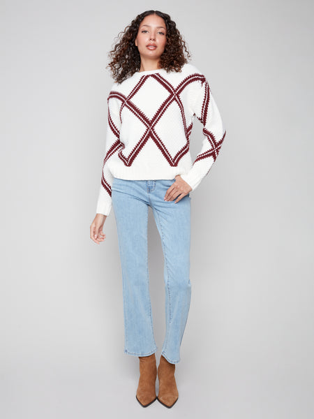CHARLIE B C2915 CREW NECK INTARSIA SWEATER