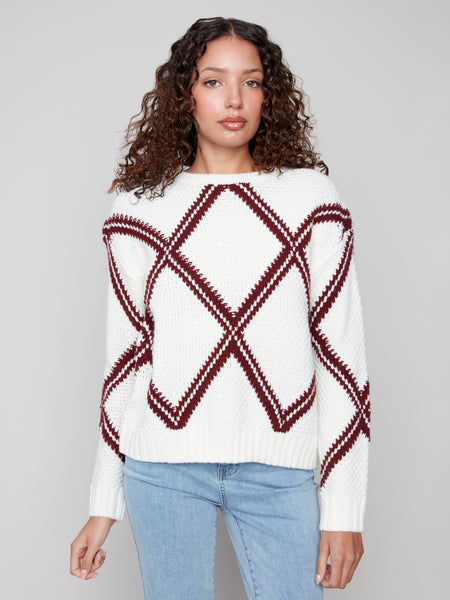 CHARLIE B C2915 CREW NECK INTARSIA SWEATER