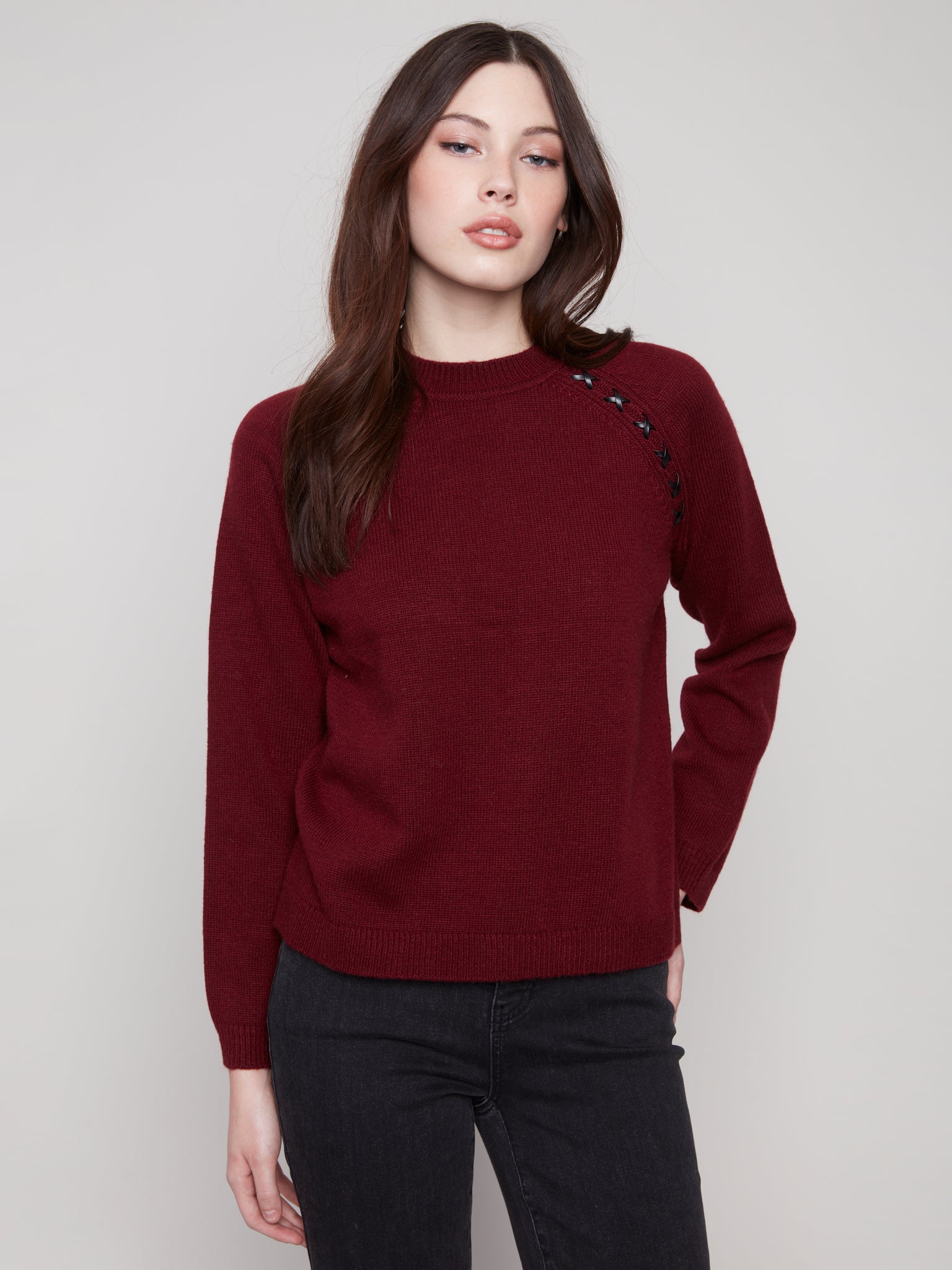 CHARLIE B C2918 RAGLAN SLEEVES SWEATER WITH FAUX LEATHER DETAIL