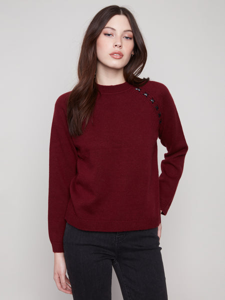 CHARLIE B C2918 RAGLAN SLEEVES SWEATER WITH FAUX LEATHER DETAIL