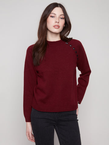 CHARLIE B C2918 RAGLAN SLEEVES SWEATER WITH FAUX LEATHER DETAIL
