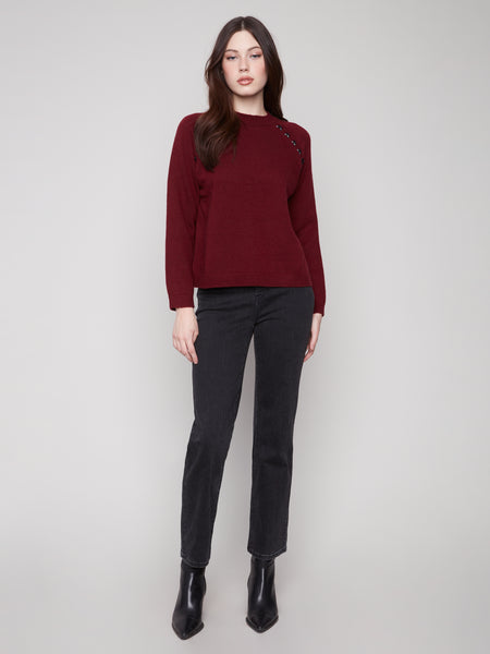 CHARLIE B C2918 RAGLAN SLEEVES SWEATER WITH FAUX LEATHER DETAIL