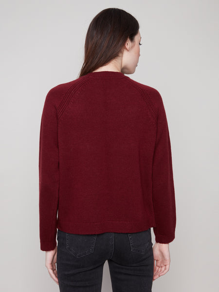 CHARLIE B C2918 RAGLAN SLEEVES SWEATER WITH FAUX LEATHER DETAIL