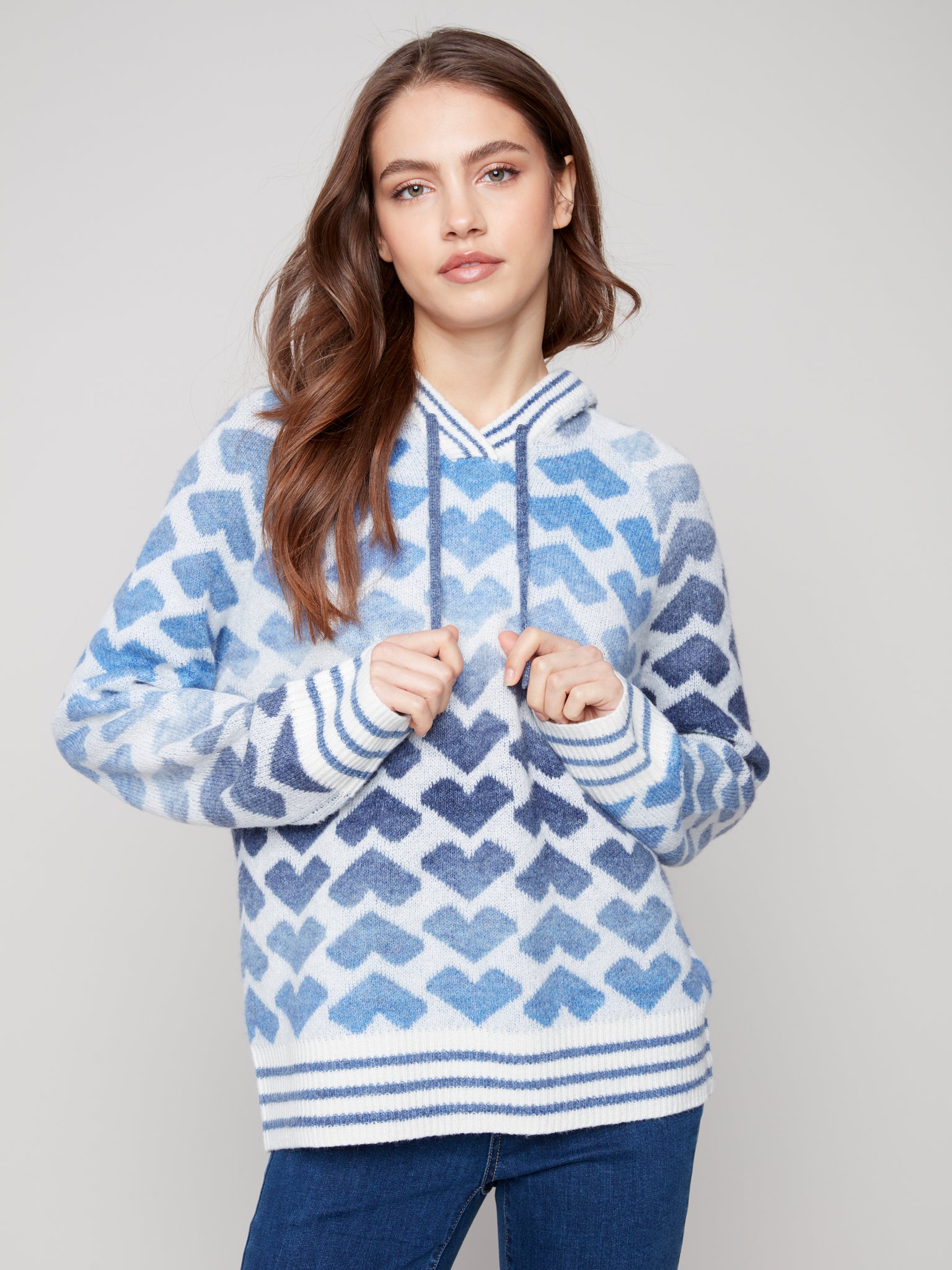 CHARLIE B C2922 RAGLAN POPOVER HOODED SWEATER IN JACQUARD