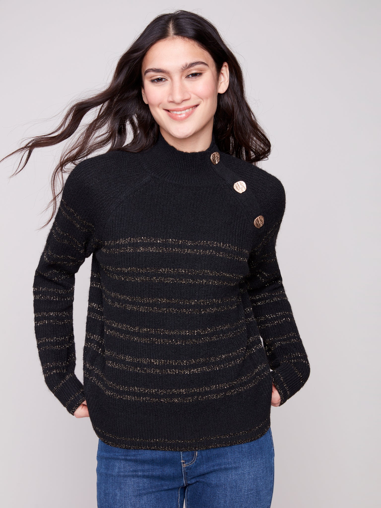 CHARLIE B C2923 STRIPED MOCK NECK RAGLAN SEEVE SWEATER WITH BUTTONS