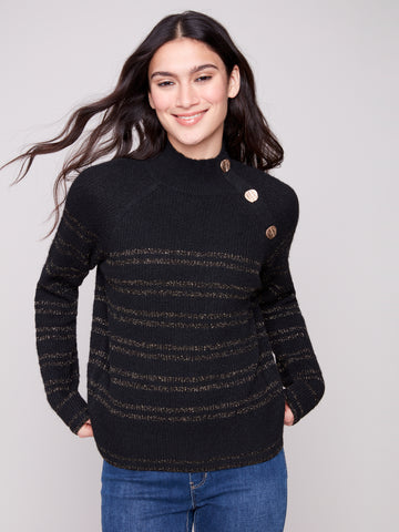 CHARLIE B C2923 STRIPED MOCK NECK RAGLAN SEEVE SWEATER WITH BUTTONS