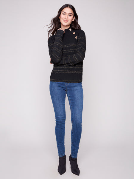 CHARLIE B C2923 STRIPED MOCK NECK RAGLAN SEEVE SWEATER WITH BUTTONS