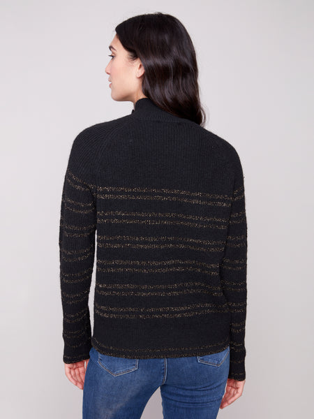 CHARLIE B C2923 STRIPED MOCK NECK RAGLAN SEEVE SWEATER WITH BUTTONS