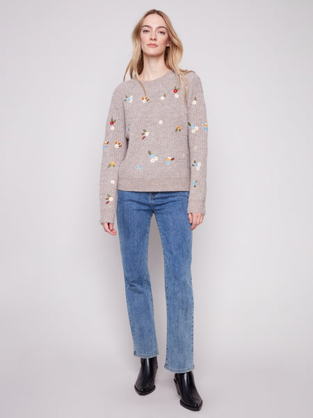 CHARLIE B C2925 LONG SLEEVE CREW NECK SWEATER WITH EMBROIDERY