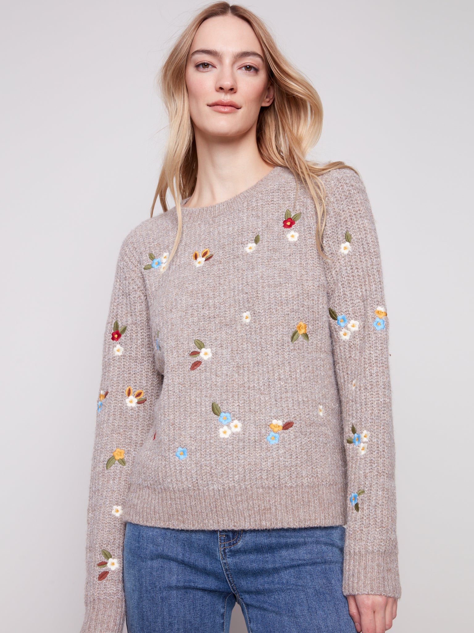 CHARLIE B C2925 LONG SLEEVE CREW NECK SWEATER WITH EMBROIDERY