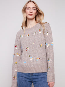 CHARLIE B C2925 LONG SLEEVE CREW NECK SWEATER WITH EMBROIDERY