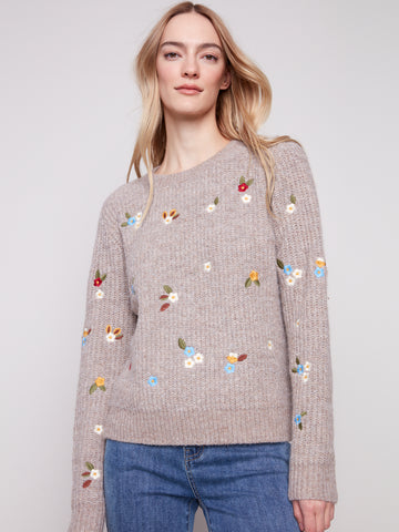 CHARLIE B C2925 LONG SLEEVE CREW NECK SWEATER WITH EMBROIDERY