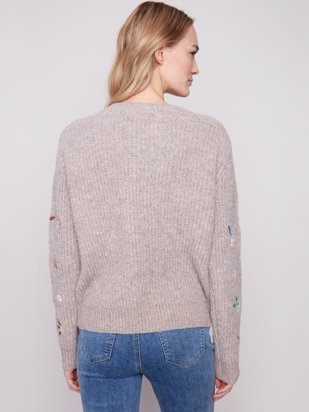 CHARLIE B C2925 LONG SLEEVE CREW NECK SWEATER WITH EMBROIDERY