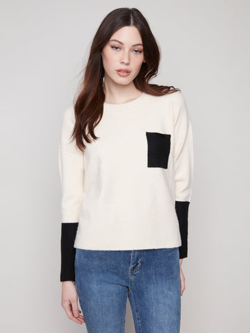 CHARLIE B C2928 CREW NECK BLOCK SWEATER WITH CONTRAST CHEST POCKET