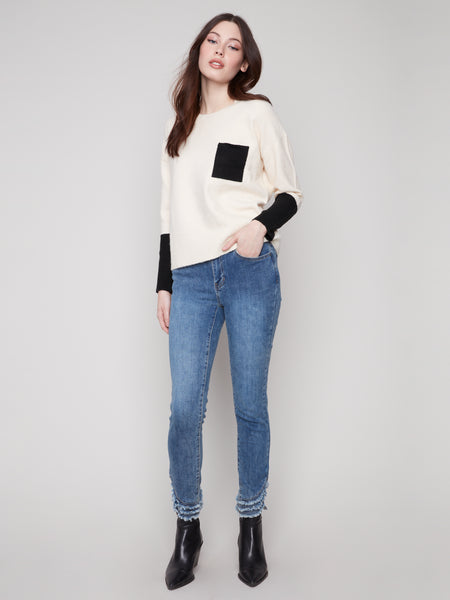 CHARLIE B C2928 CREW NECK BLOCK SWEATER WITH CONTRAST CHEST POCKET