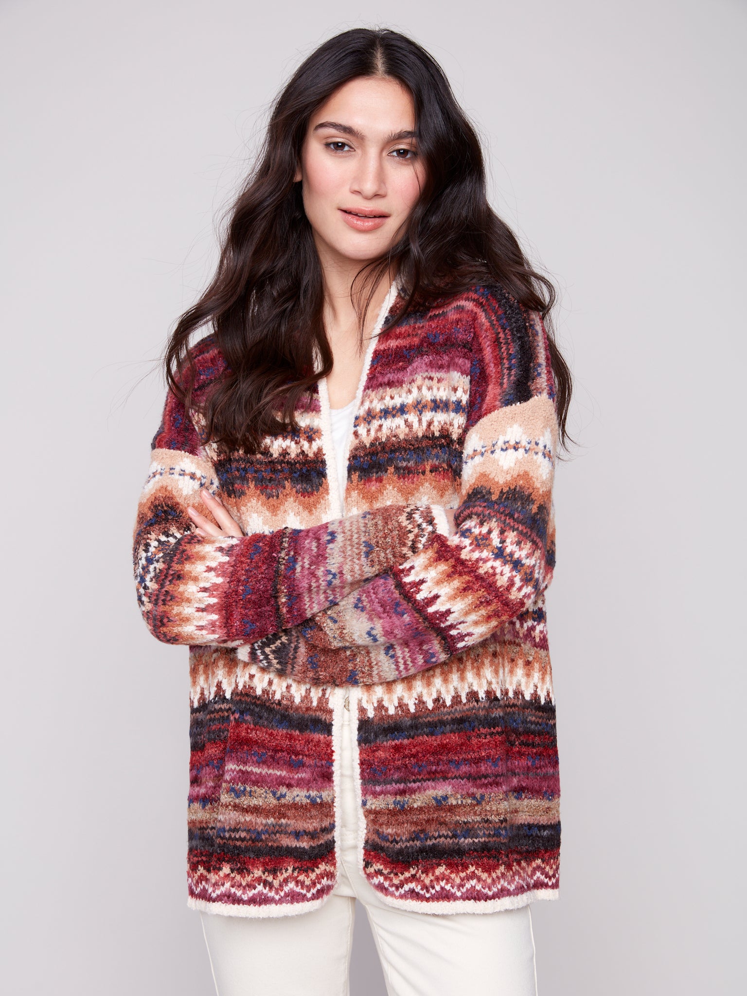 CHARLIE B C2934 SPACE DYE JACQUARD CARDIGANS WITH POCKETS