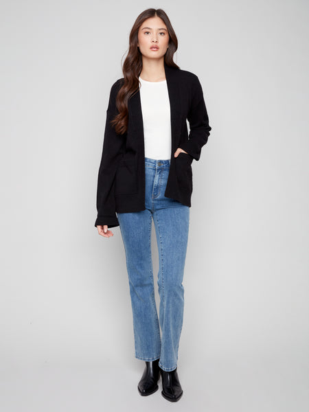 CHARLIE B C2937  LONG SLEEVES CADIGAN WITH PATCH POCKETS