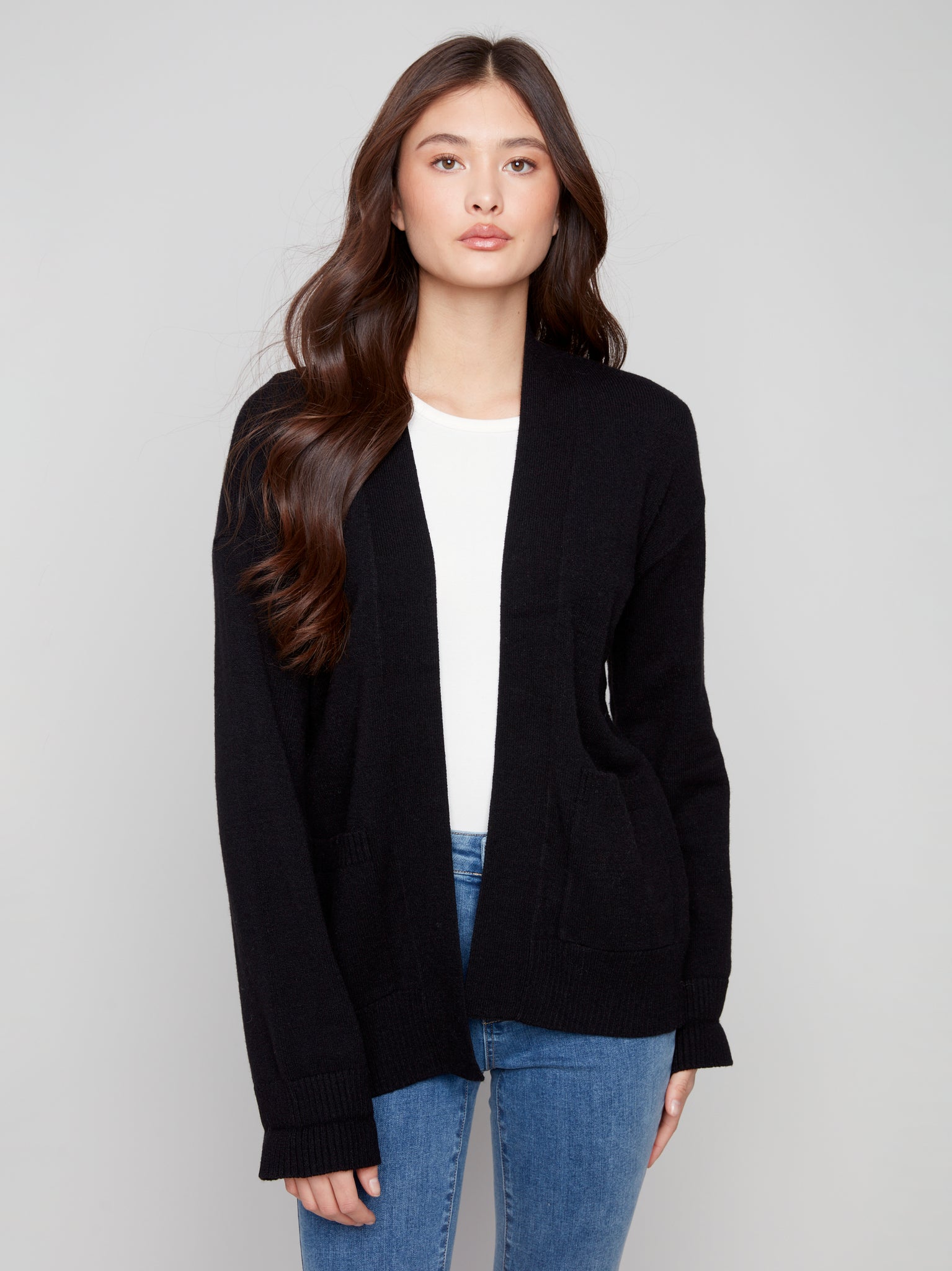 CHARLIE B C2937  LONG SLEEVES CADIGAN WITH PATCH POCKETS