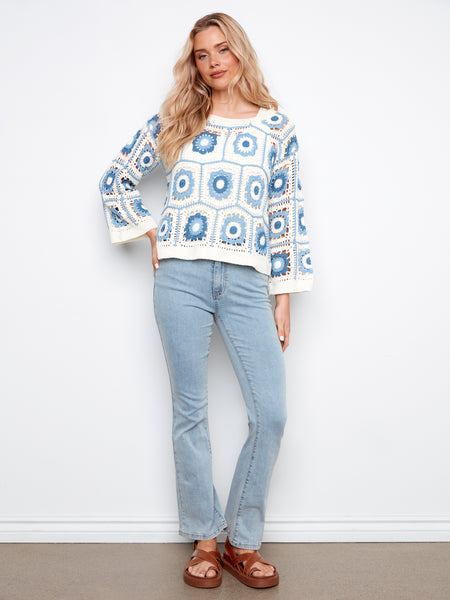 CHARLIE B C2940 DROP SHOULDER GRANNY SQUARES CROCHET SWEATER