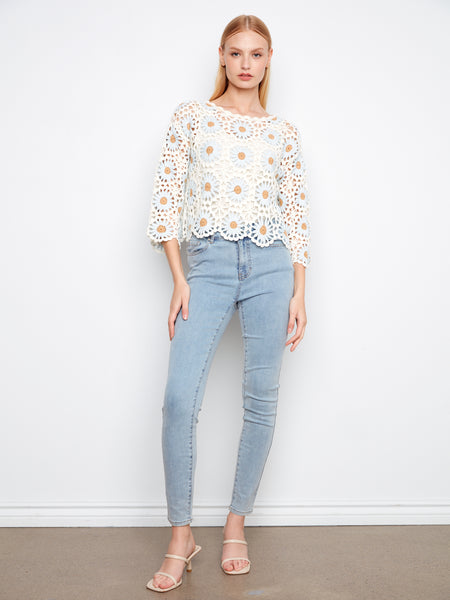 CHARLIE B C2941 FLOWER CROCHET SWEATER