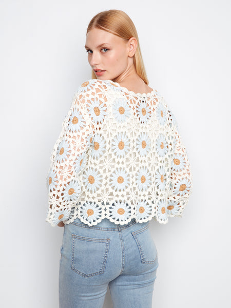 CHARLIE B C2941 FLOWER CROCHET SWEATER
