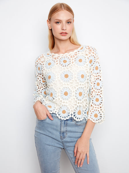 CHARLIE B C2941 FLOWER CROCHET SWEATER