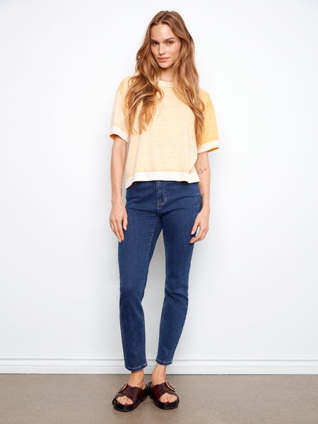 CHARLIE B C2947V REVERSE PRINT SHORT SLEEVE CREW NECK SWEATER - 2 COLOURS