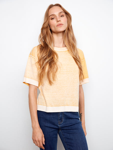 CHARLIE B C2947V REVERSE PRINT SHORT SLEEVE CREW NECK SWEATER - 2 COLOURS