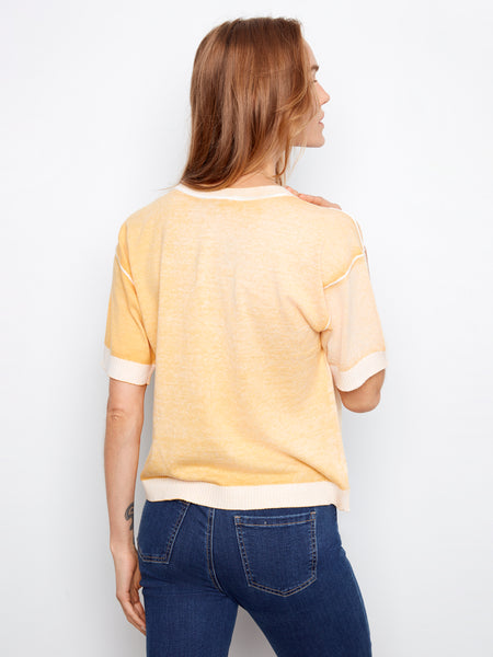 CHARLIE B C2947V REVERSE PRINT SHORT SLEEVE CREW NECK SWEATER - 2 COLOURS