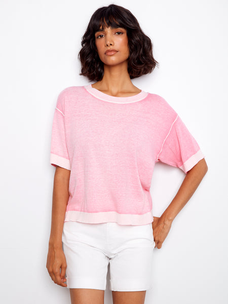 CHARLIE B C2947V REVERSE PRINT SHORT SLEEVE CREW NECK SWEATER - 2 COLOURS